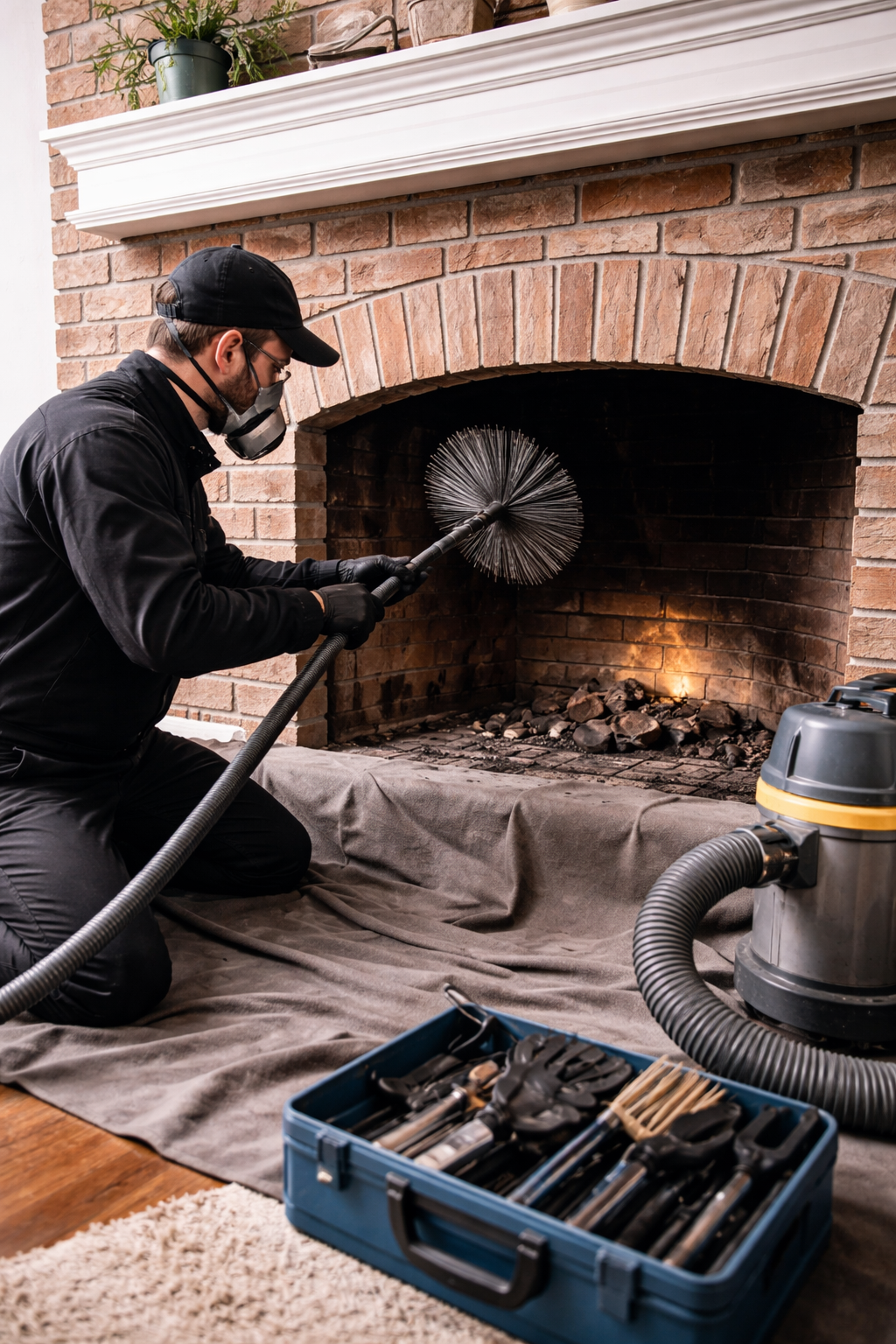 Spazzacamino al lavoro sul caminetto