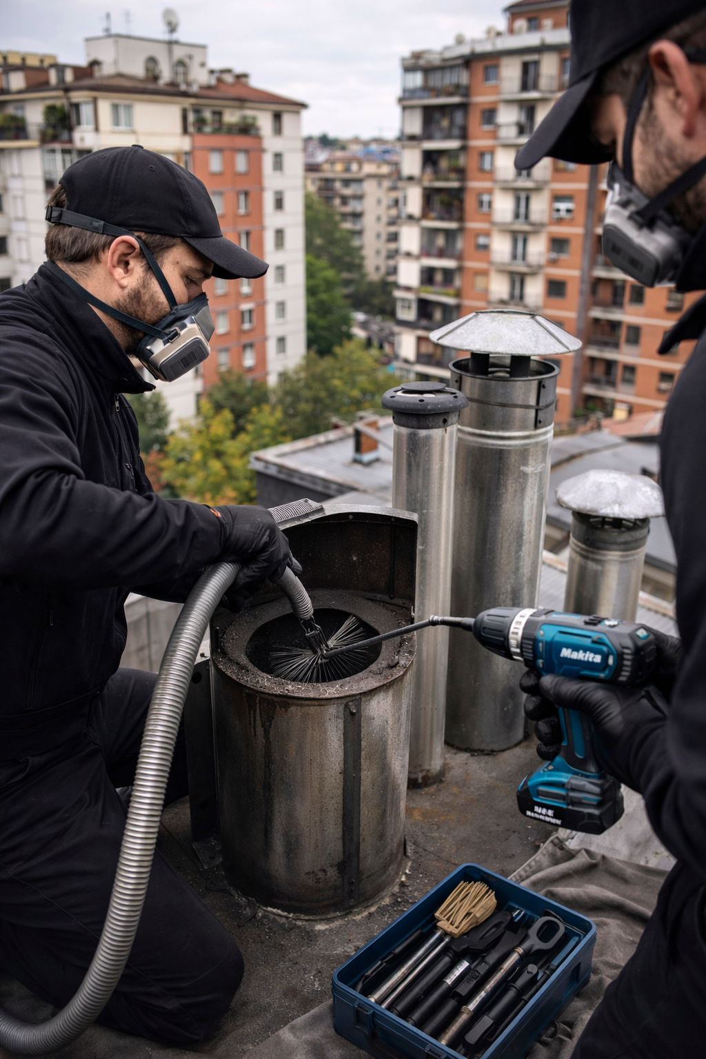 Spazzacamini al lavoro su tetti